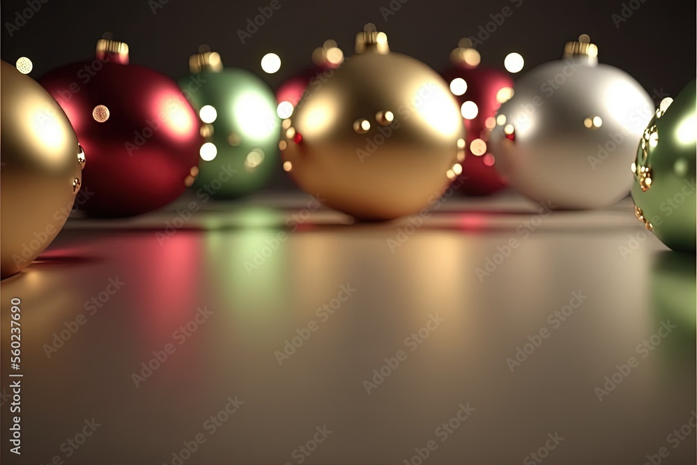 Poster a row of shiny christmas ornaments on a table with a black background and a white border around them