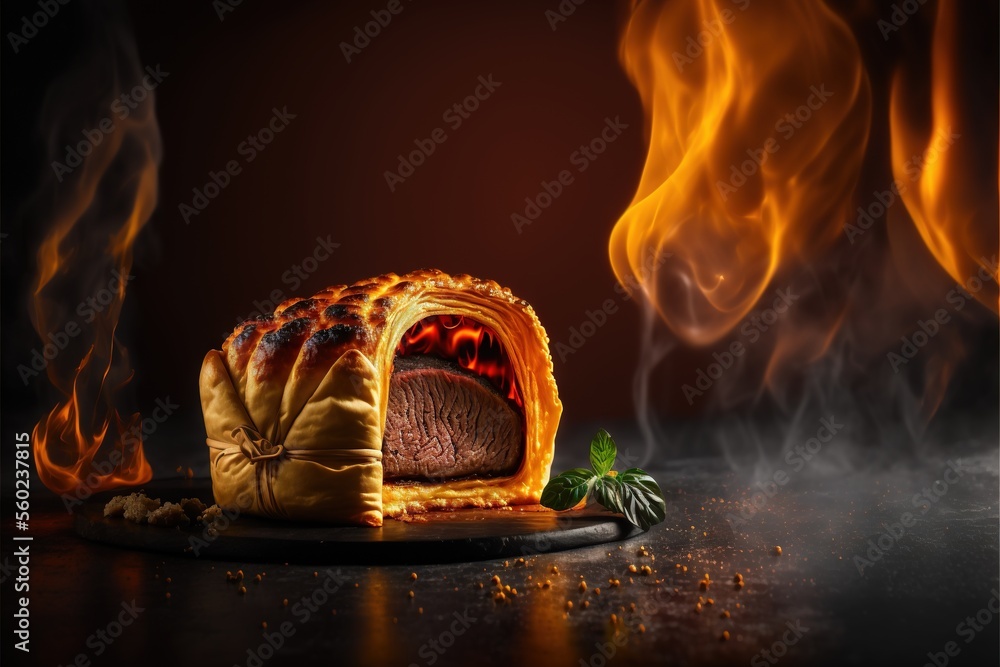 Poster a hot dog bun with a bite taken out of it and flames coming out of it on a plate on a table with a b