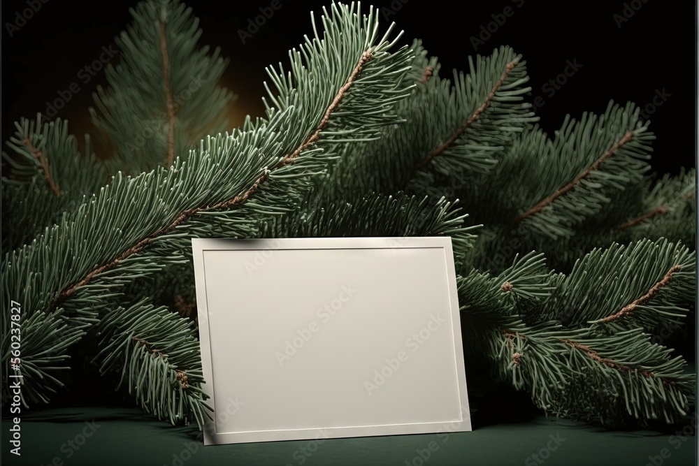 Poster a white box sitting on top of a green tree branch with a black background and a white box with a whi