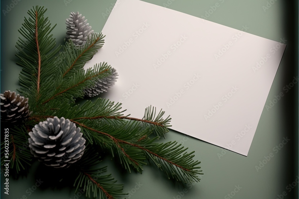 Poster a white paper with pine cones and a pine branch on a green background with a blue border around it a