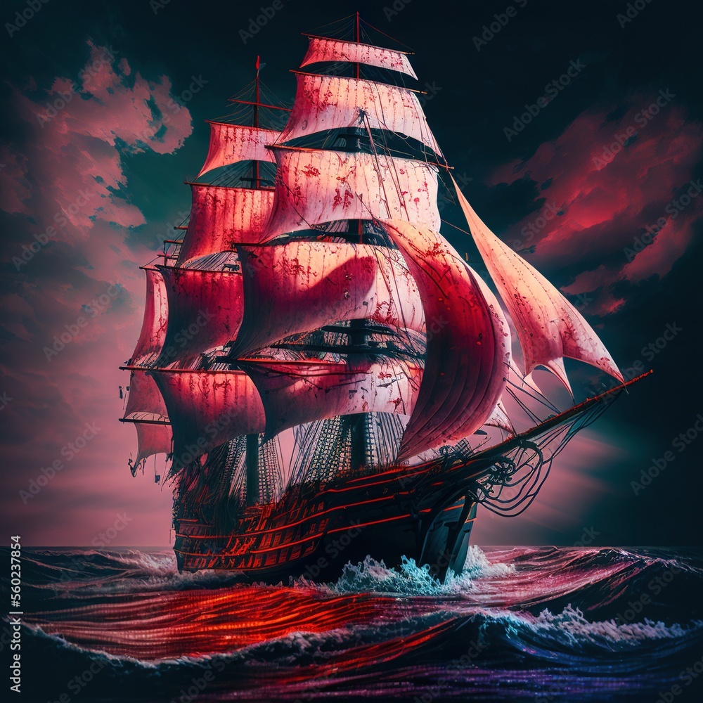 Aufkleber a painting of a ship in the ocean with a red light on it's sails and a red light on its sails is shi