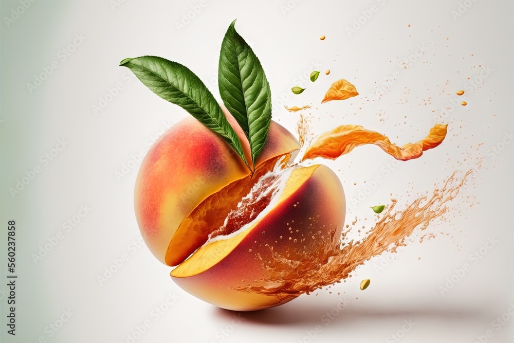 Poster a peach with a leaf and juice splashing out of it's core and into the side of it's outer half, on a 