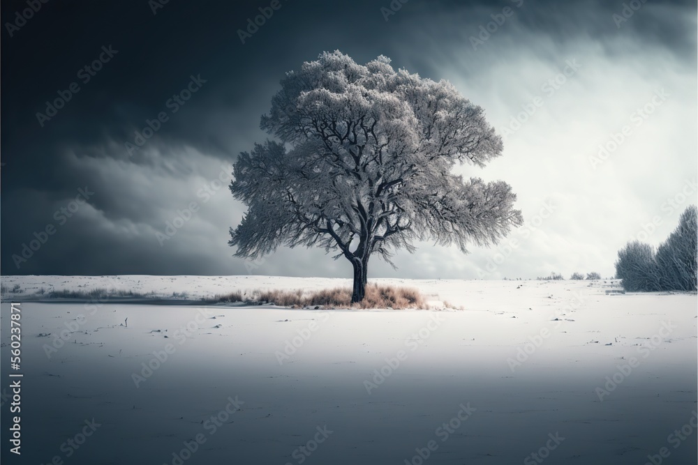 Poster a lone tree in a snowy field under a cloudy sky with a dark sky in the background and a few clouds i