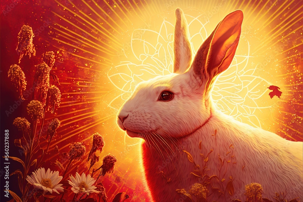Poster a rabbit with a halo around its head in a field of flowers and grass with a sun shining behind it an