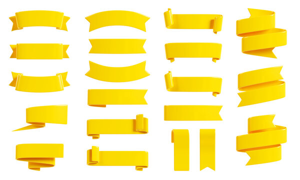 Ribbon banner 3d render set - collection of yellow glossy text box for sale or discount promotion sign.