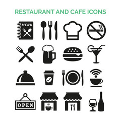 Restaurant and cafe icons set on white background.