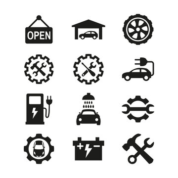 Car service and repair icons set on white background.