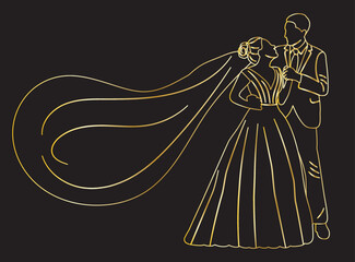 bride and groom golden sketch ,outline isolated vector