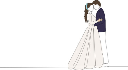 bride and groom wedding continuous line drawing, vector