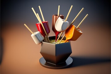  a cup filled with different colored cups and sticks in it's holder on a table top with a brown background behind it and a black base with a brown background and a black background.