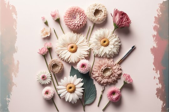  a bunch of flowers that are on a table with a pen in it and a pink background with a pink spot in the middle of the picture and a pink spot with a few white flowers.