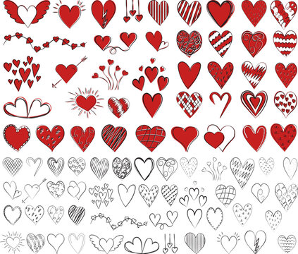 doodle set of red hearts sketch ,contour line isolated vector