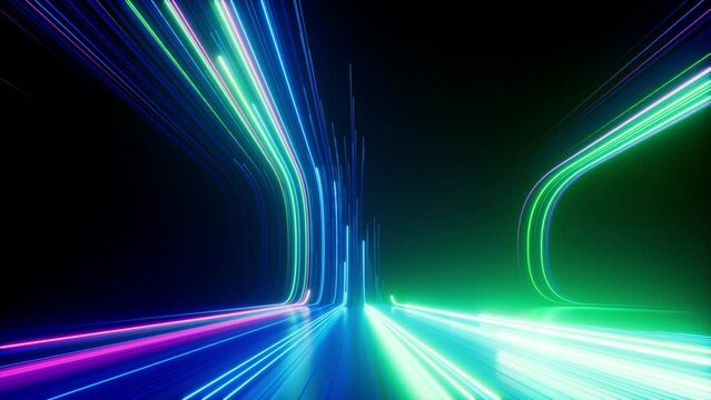 3d animation. Abstract neon background with blue green glowing lines sliding up. Futuristic animated wallpaper