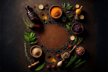  a table topped with bowls of spices and herbs next to a bottle of oil and a spoon on top of a table top with spices and a bottle of oil on the side of the.