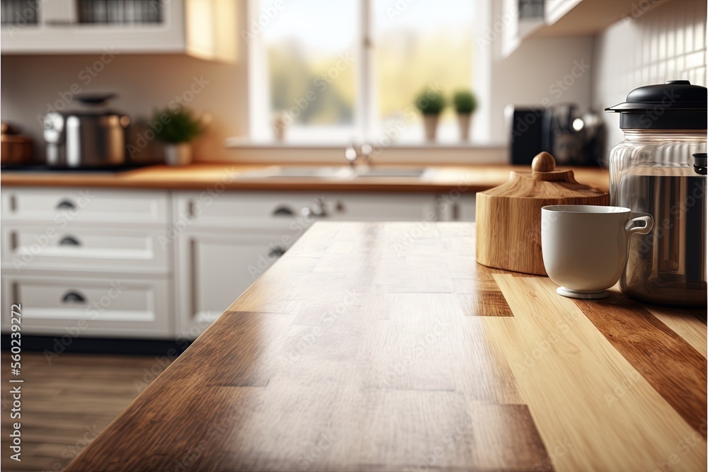 Sticker  a kitchen counter with a wooden cutting board and a cup on it, and a window in the background with a pot and pane on it, and a wooden countertop with a.