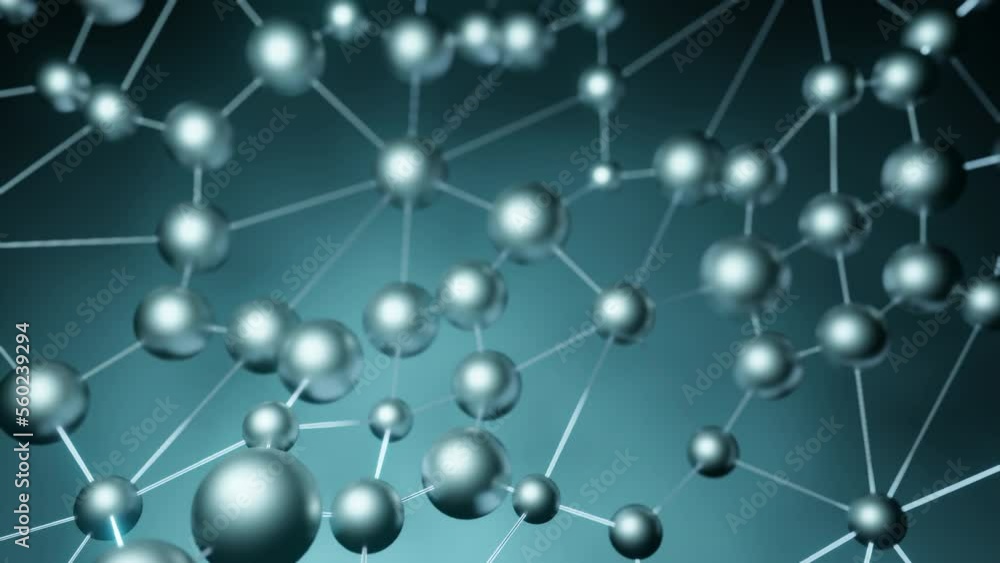 Poster bonded white atoms. design. green light background with animation and bonded atoms in a grid made in