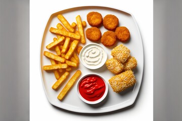  a plate of food with french fries, ketchup, and dip on it with a white background with a white border around it and a white background with a white border with a white border.