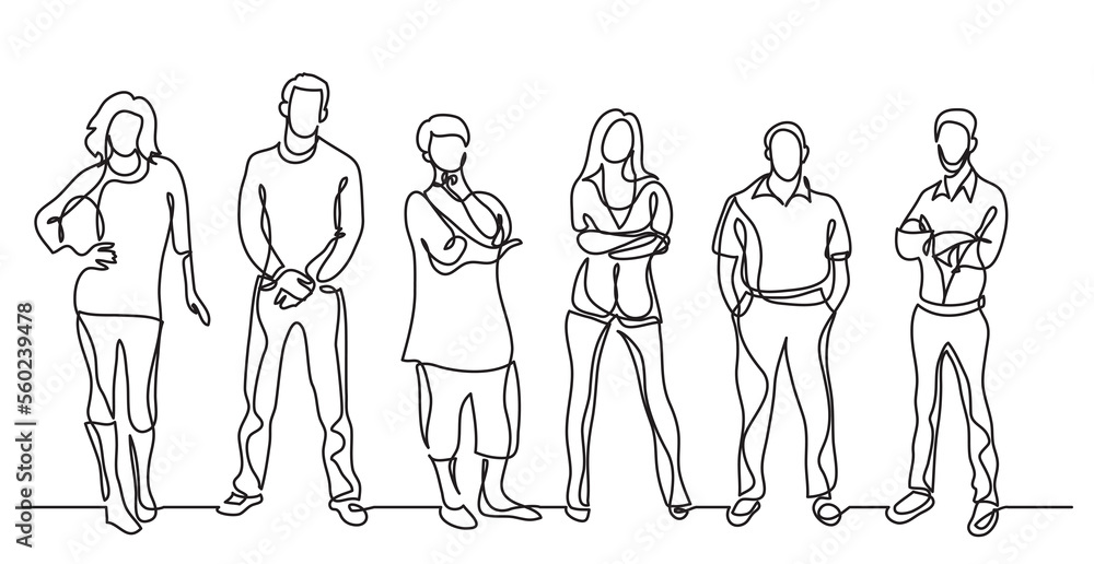 Poster continuous line drawing diverse crowd of standing people - png image with transparent background