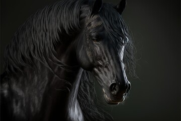 Fototapeta na wymiar a black horse with long manes standing in the dark with a black background and a black background with a white horse's head and mane with a black background with a black background.