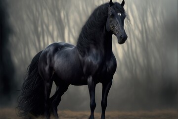  a black horse standing in a field with trees in the background and foggy sky above it, with a black horse standing in the foreground, with its head turned to the left.