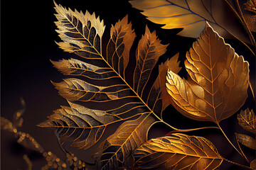 Abstract festive golden foil bokeh background texture, golden leaves