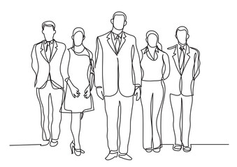 continuous line drawing five standing business professionals - PNG image with transparent background