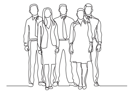 continuous line drawing four business professionals standing confident - PNG image with transparent background