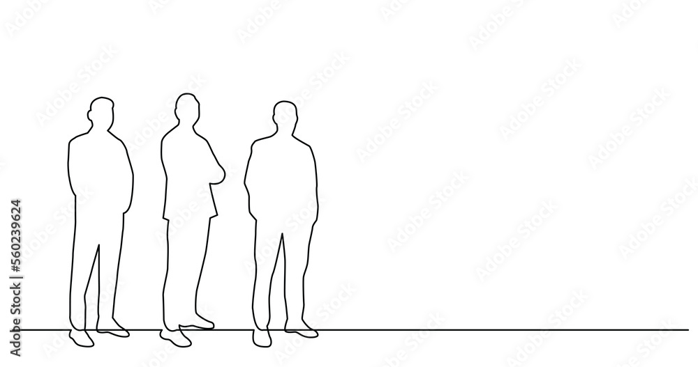 Poster continuous line drawing of group of three men standing together - png image with transparent backgro