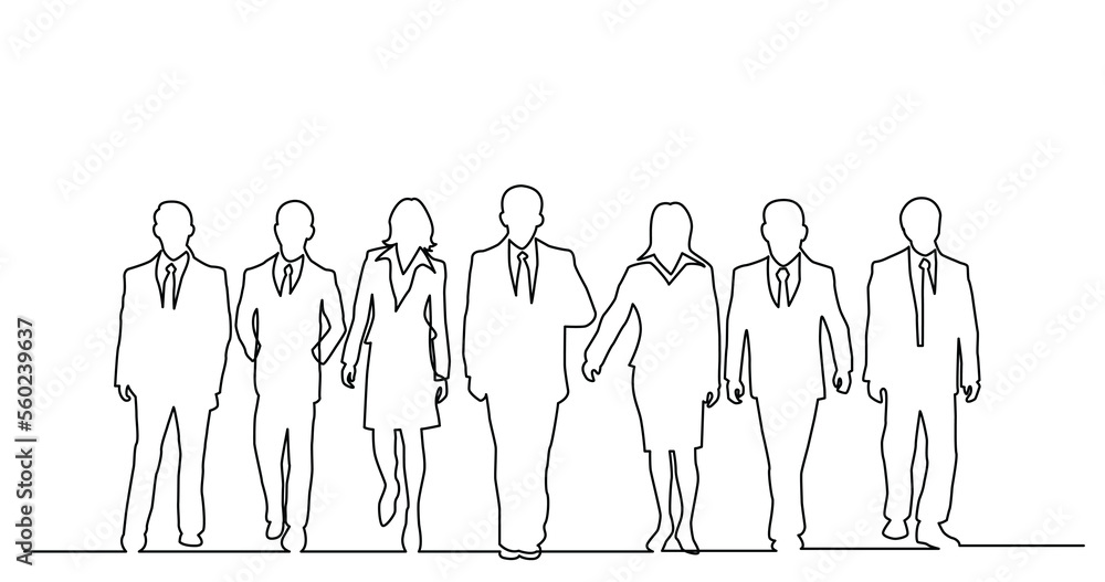 Poster continuous line drawing of group of walking business professionals - png image with transparent back