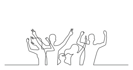 continuous line drawing of group of happy cheering young people - PNG image with transparent background