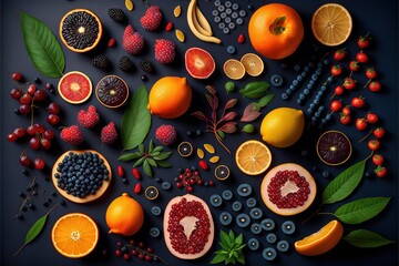 a variety of fruits and berries arranged on a table top with leaves and berries on it, including oranges, raspberries, blueberries, and a blackberries, and a.