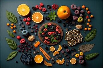  a variety of fruits and vegetables are arranged on a table top with a plate of fruit and berries on it, and a plate of oranges, berries, berries, and a bowl of.