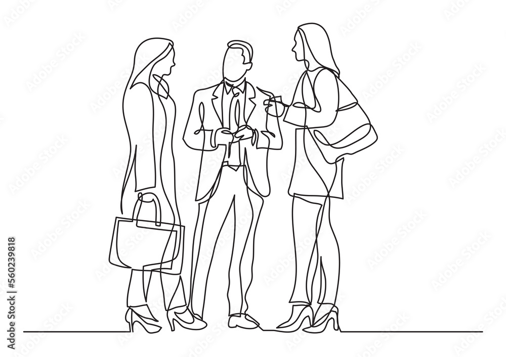 Poster continuous line drawing three business professionals standing discussion - png image with transparen