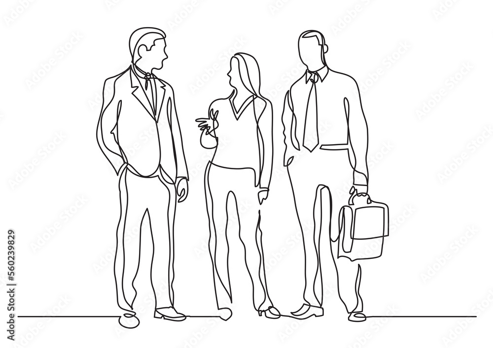 Poster continuous line drawing three business professionals standing talking - png image with transparent b