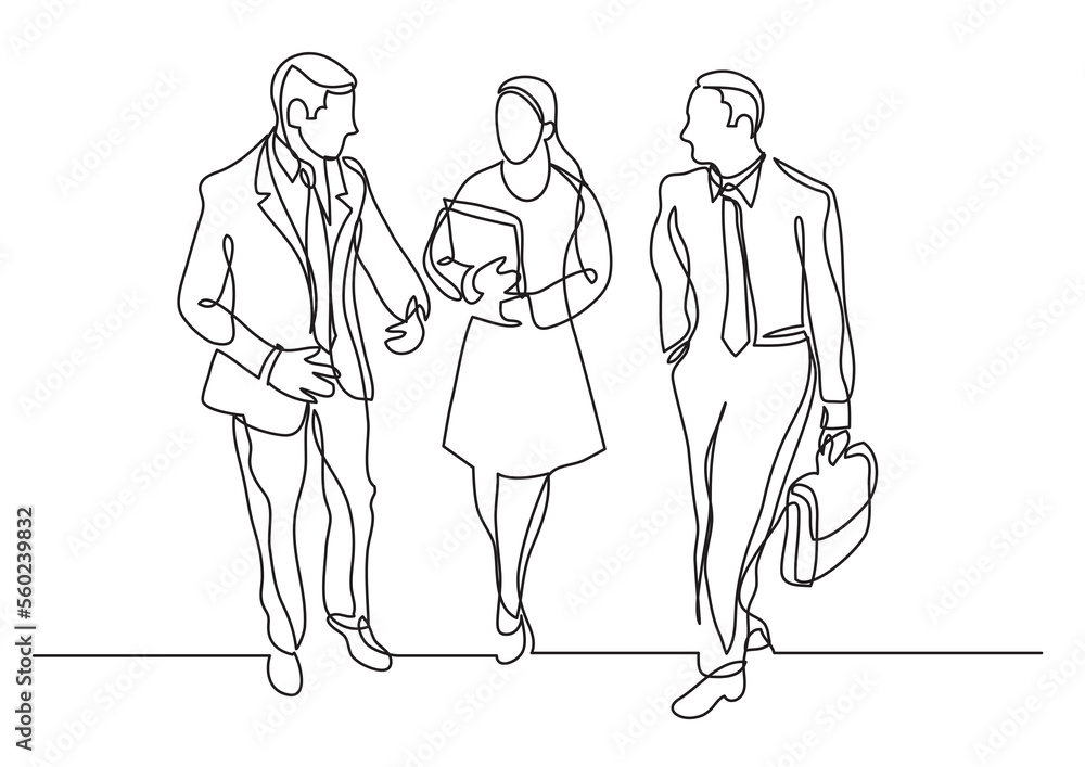 Poster continuous line drawing three business professionals walking discussing - png image with transparent