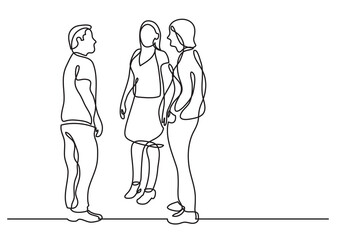 continuous line drawing three coworkers standing talking - PNG image with transparent background