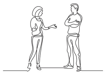 continuous line drawing two coworkers standing talking - PNG image with transparent background