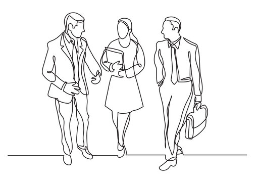 continuous line drawing three business professionals walking discussing - PNG image with transparent background