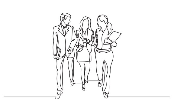 continuous line drawing three team members walking together - PNG image with transparent background