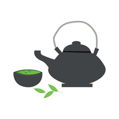 Japanese, chinese tea ceremony set. Ceramic teapot and cup bowls of green tea isolated. Vector illustration.