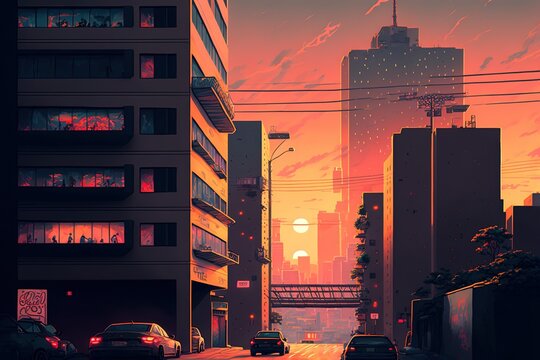 An Anime Style City Street On A Bright Sunset, Lofi Cartoon Anime Style, Generative Ai