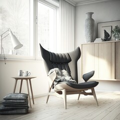  a chair with a pillow on it in a room with a window and a table with a lamp on it and a vase on the wall behind it and a lamp on the floor with a.