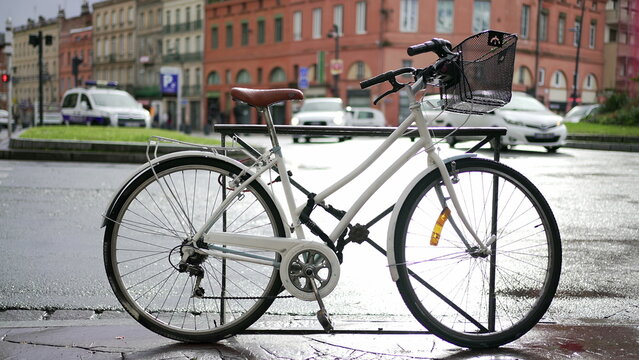 Bicycle parked in European city. Urban bike