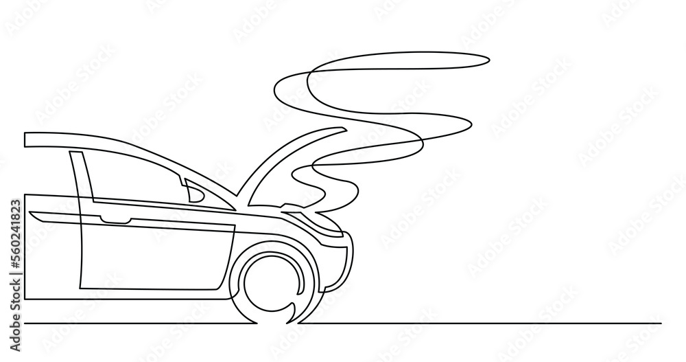 Wall mural continuous line drawing of broken car with opened hood - png image with transparent background