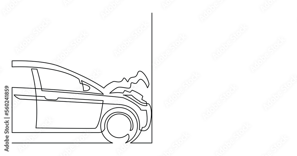 Poster continuous line drawing of damaged car smashed into wall - png image with transparent background