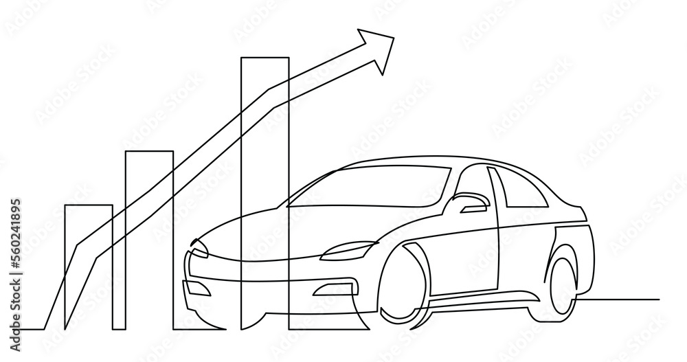 Poster continuous line drawing of modern car with growing business chart - png image with transparent backg