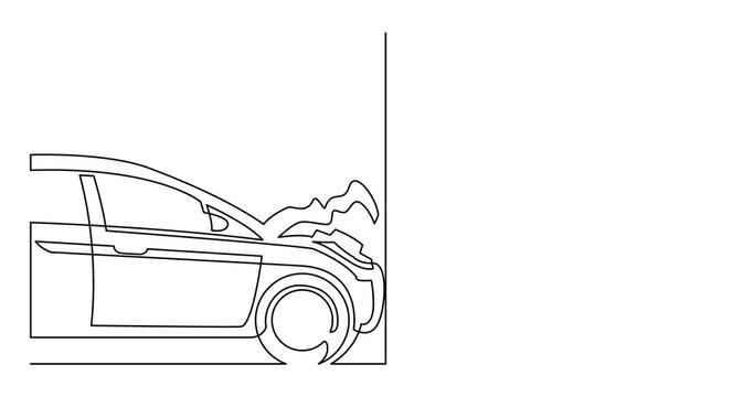 continuous line drawing of damaged car smashed into wall - PNG image with transparent background