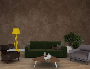Modern living room with sofa, 3d render