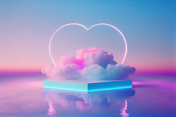 Beauty podium backdrop for product display with dreamy cloud and neon light background. Romantic scene. Digital art
