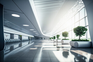 Airport terminal interior. Generative AI - obrazy, fototapety, plakaty